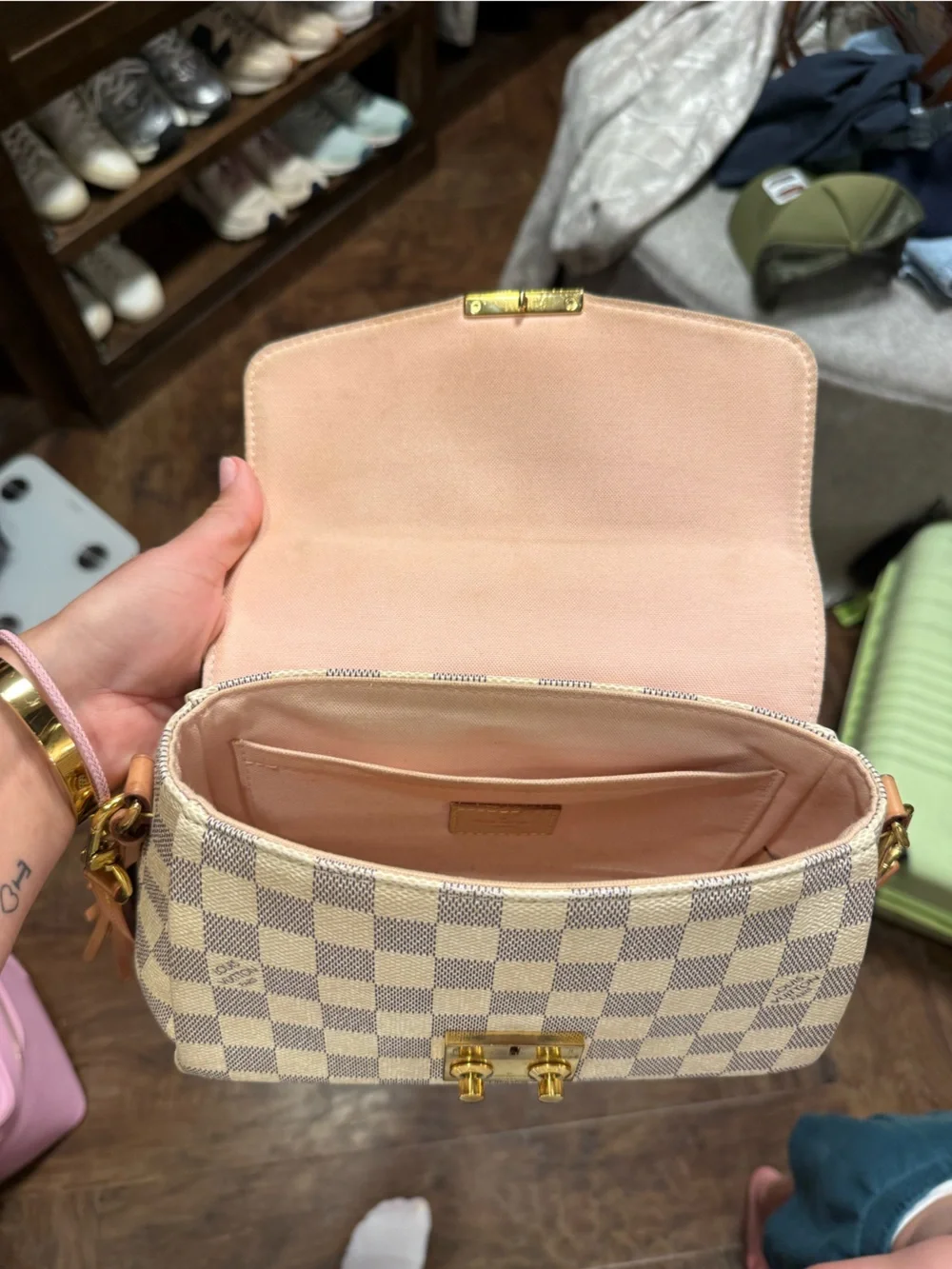 Authentic Louis Vuitton Cream Checkered Shoulder Bag with Brown Trim